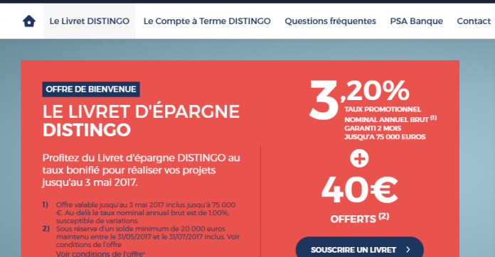PSA Banque : le livret DISTINGO rémunère votre épargne à 3,20% brut pendant 2 mois