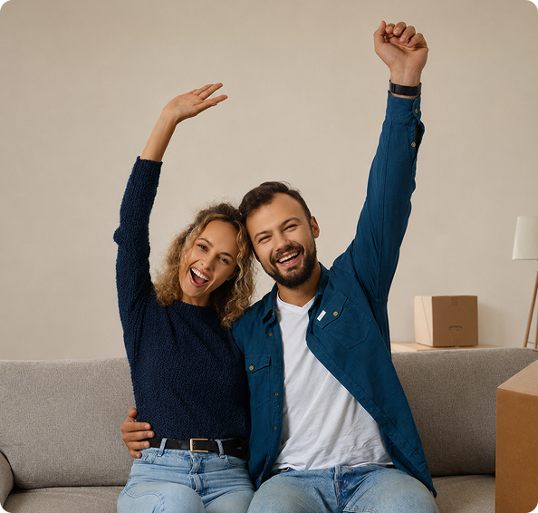 Couple heureux apr&egrave;s l'obtention de son cr&eacute;dit immobilier