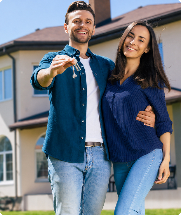 Couple devant la maison financée par son crédit immobilier